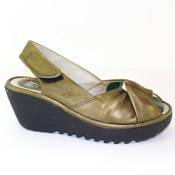 Fly London Yakin Golden Slingback Wedge Sandal (6.5 US) - Picture 1 of 8